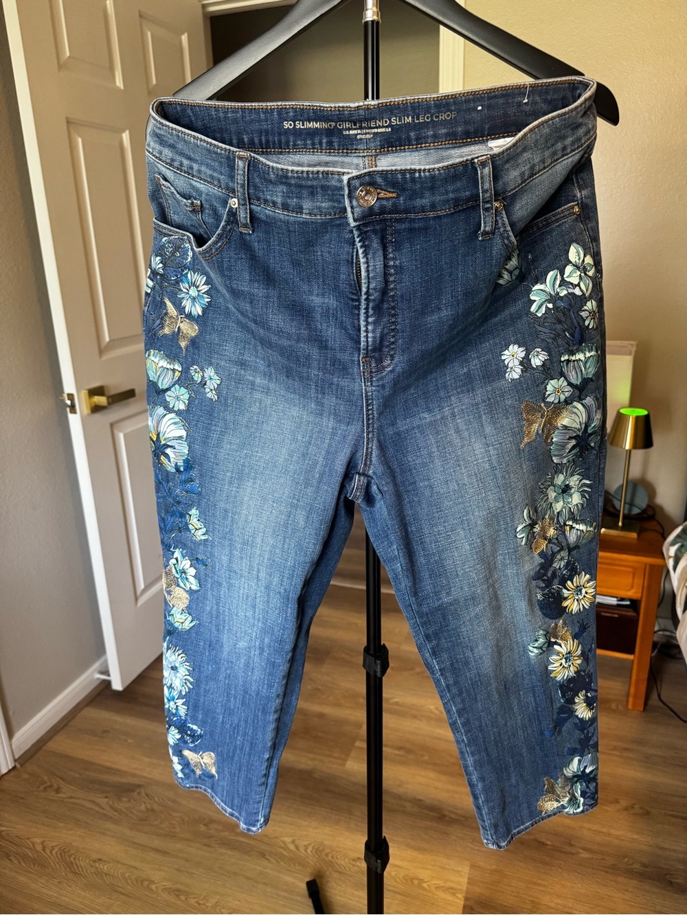 Chico's Blue Denim Cropped Jeans with Butterfly Embroidery and Floral Print